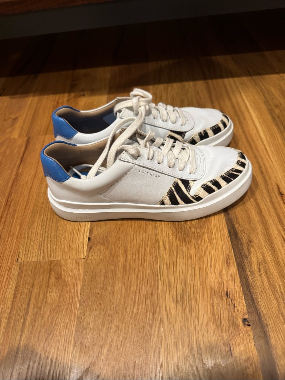 Cole Haan White Leather Sneakers with Blue Heel and Black Zebra Accent